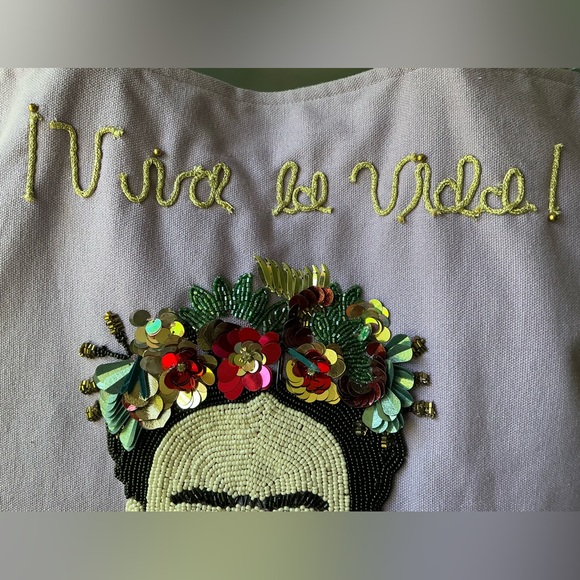 Frida Kahlo Bead and Sequin Embroidered Tote lavender - Picture 3 of 5